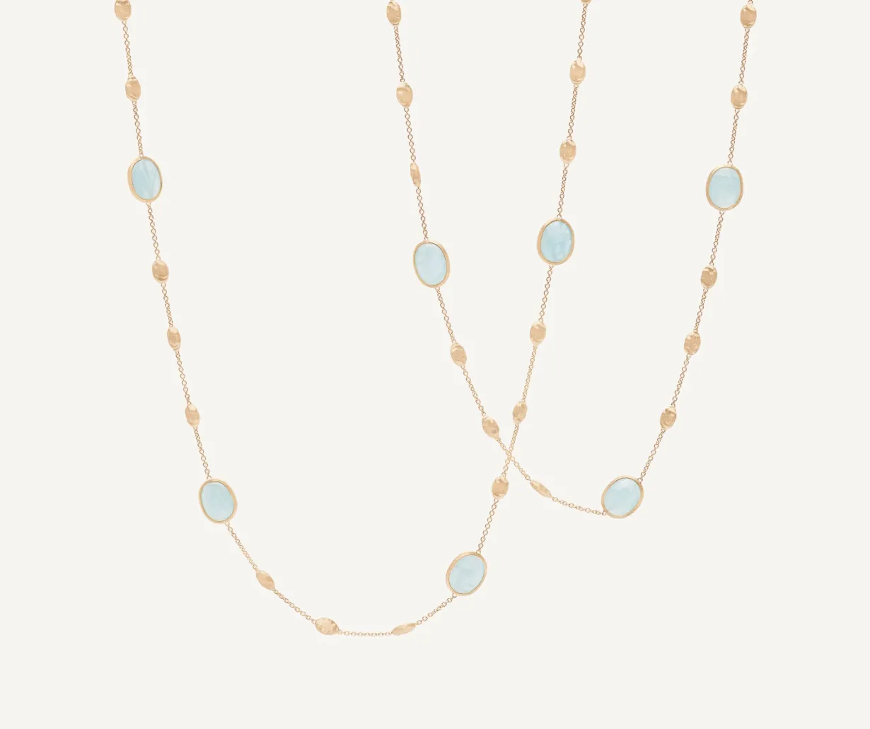 18Kt Yellow Gold Long Necklace With Small Oval Elements, Aquamarines, And Diamonds|Marco Bicego Online