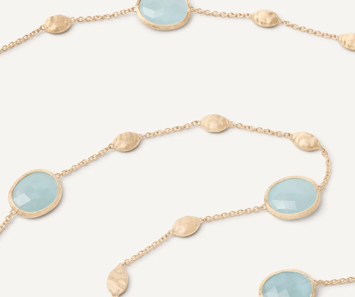 18Kt Yellow Gold Long Necklace With Small Oval Elements, Aquamarines, And Diamonds|Marco Bicego Online