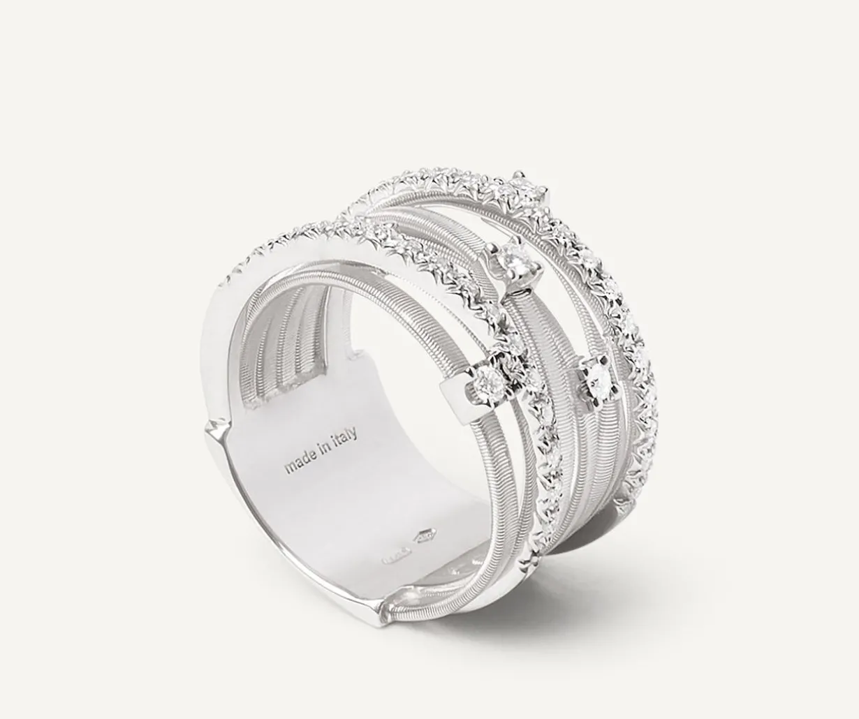 Seven-Band White Gold Ring With Prong-Set Diamonds And Diamond-Studded Plaques|Marco Bicego New