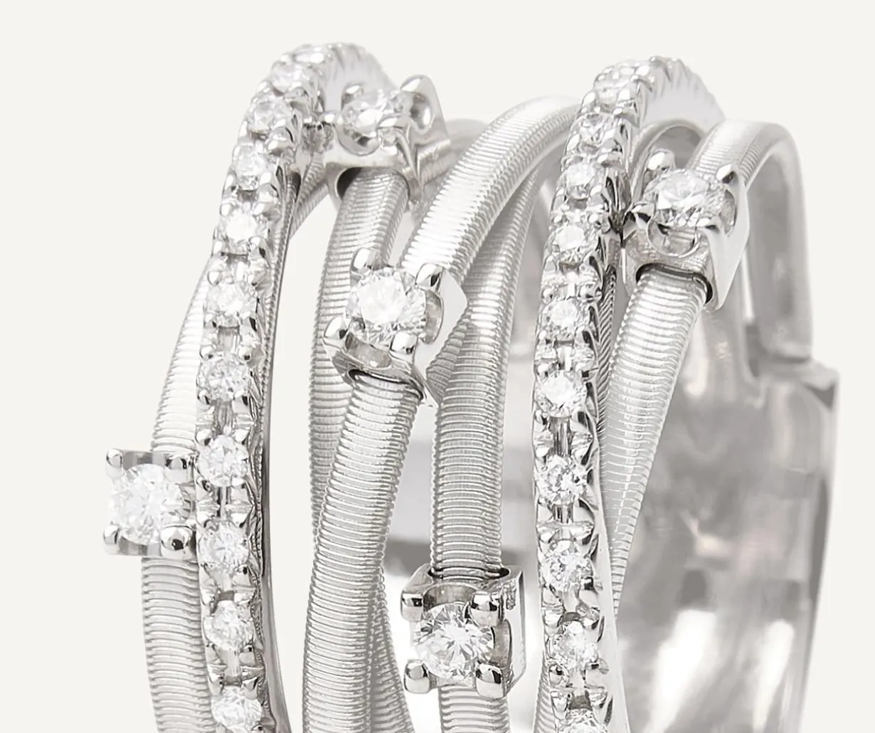 Seven-Band White Gold Ring With Prong-Set Diamonds And Diamond-Studded Plaques|Marco Bicego New