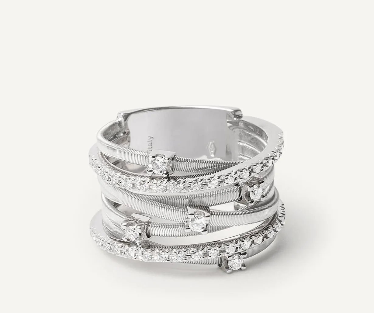 Seven-Band White Gold Ring With Prong-Set Diamonds And Diamond-Studded Plaques|Marco Bicego New