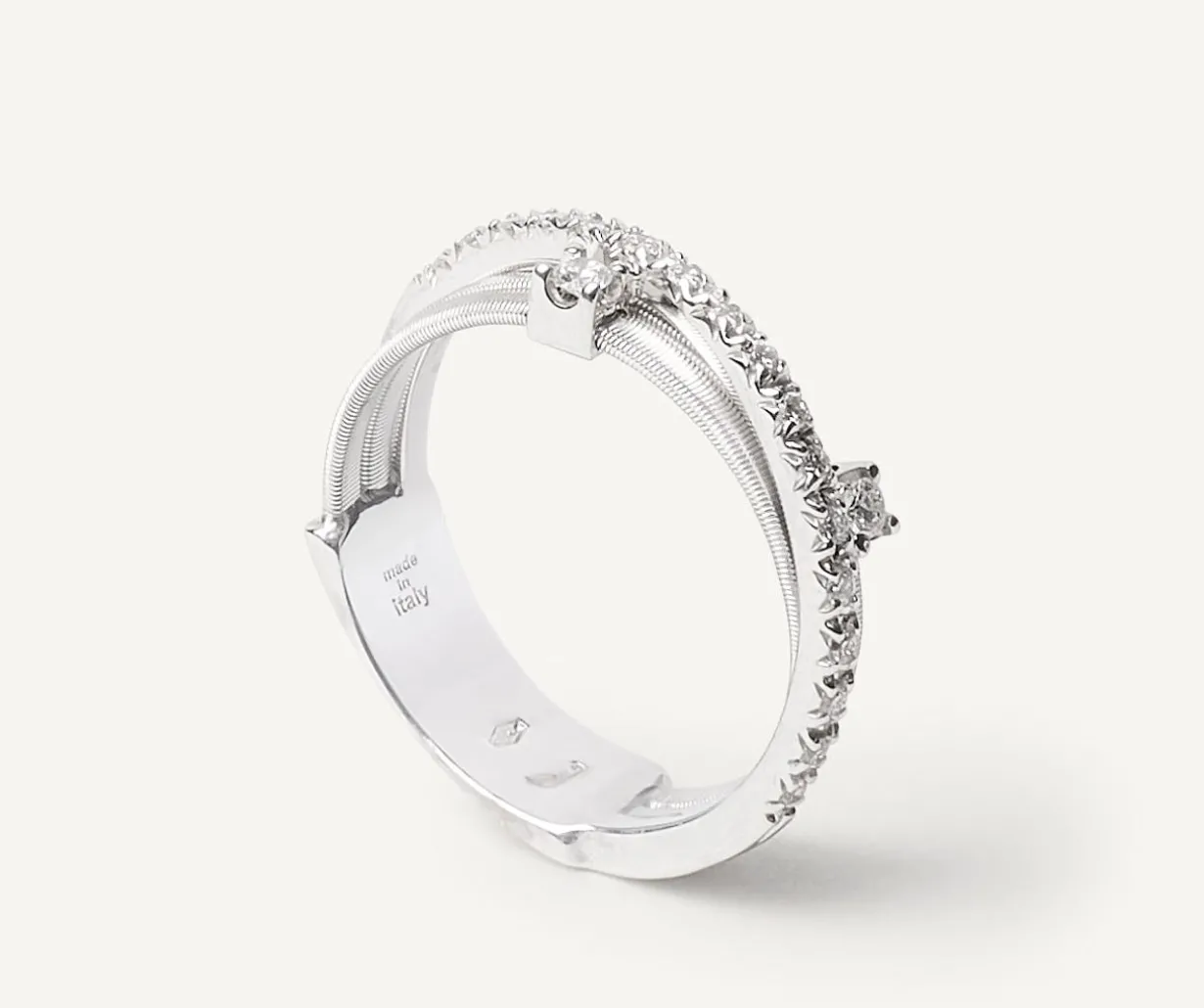Three-Band White Gold Ring With Prong-Set Diamonds And A Diamond-Studded Plaque|Marco Bicego Online