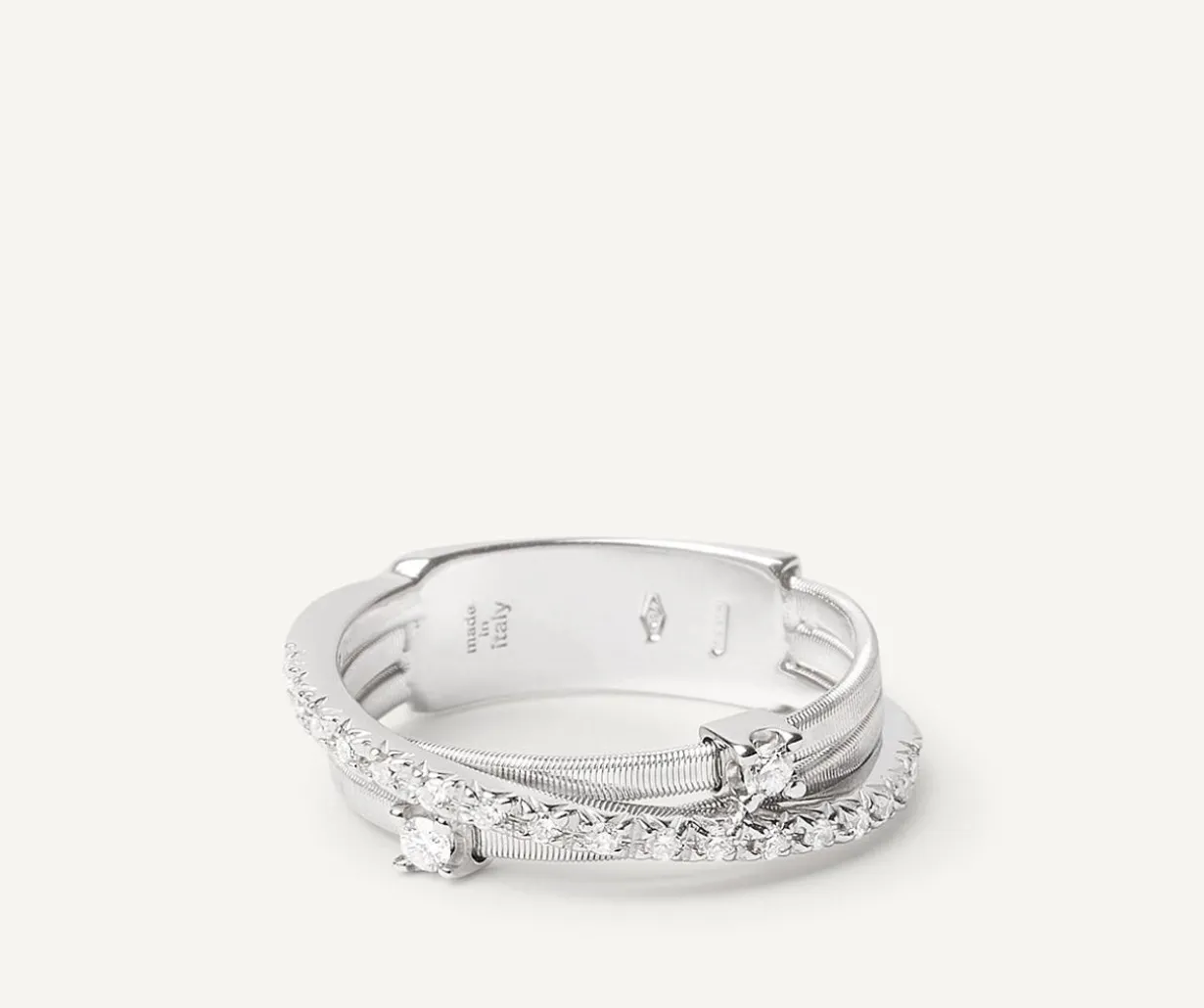 Three-Band White Gold Ring With Prong-Set Diamonds And A Diamond-Studded Plaque|Marco Bicego Online